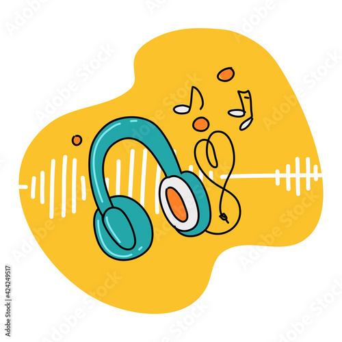 doodle cartoon illustration of headphone with sound wave in concept of sound listening and pod casting.