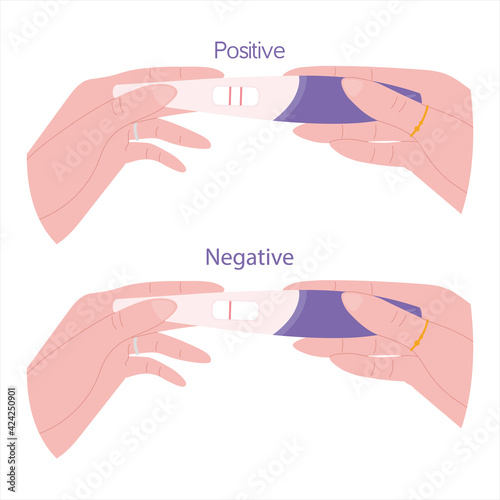 Set of pregnancy tests. Positive and negative results, two and one strips. Medical test in hands. Maternity, fertility and birth control concept.