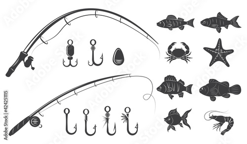 Set of fishing elements isolated on white background. Fishing Silhouettes vector illustration. Perfectly for fishing shops logo.