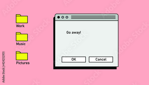 Retro vaporwave desktop with message boxes and user interface elements. A conceptual illustration of website and application programming.