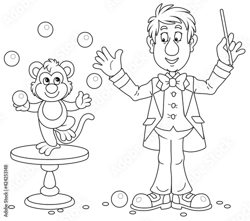 Funny circus animal trainer with his small monkey juggling with balls in a performance, black and white outline vector cartoon illustration for a coloring book page