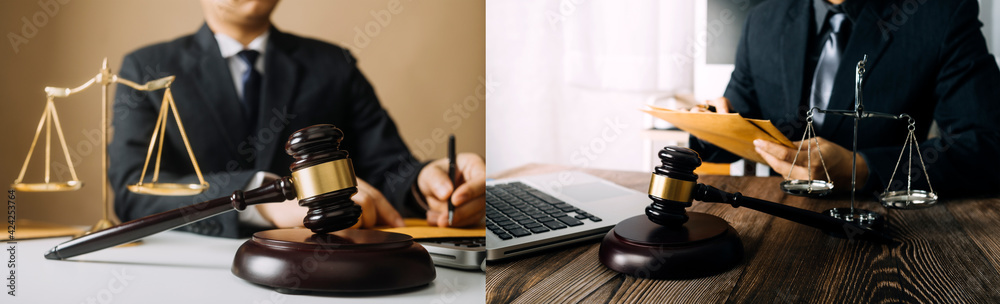 Business and lawyers discussing contract papers with brass scale on desk in office. Law, legal services, advice, justice and law concept picture with film grain effect Business and lawyers discussing contract papers with brass scale on desk in office. Law, legal services, advice, justice and law concept picture with film grain effect