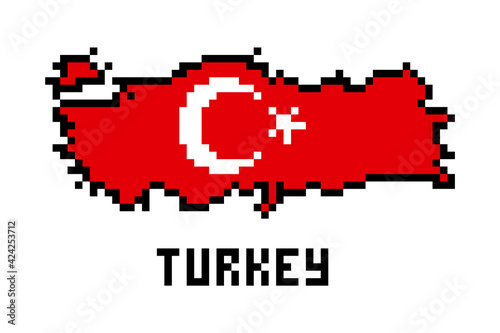 2d 8 bit pixel art Turkey map covered with flag isolated on white background. Old school vintage retro 80s, 90s platform computer, video game graphics.Slot machine design element.Country geography.