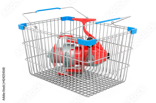 Shopping basket with spinning reel. 3D rendering