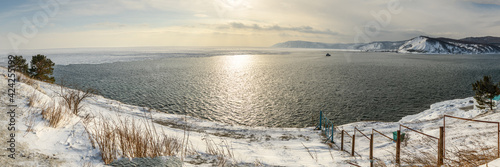 Ship in the sourse of Angara from Baikal lake in winter. Listvyanka, Irkutsk Region, Russia