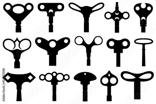 Group of different wind up keys isolated on white