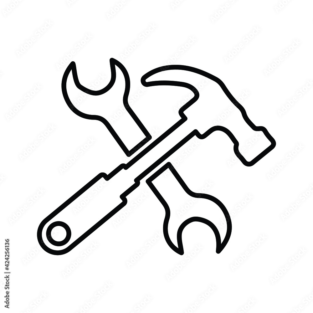 Hammer, wrench, spanner, repair tools line icon. Outline vector. Hammer, wrench, spanner, repair tools line icon. Outline vector.