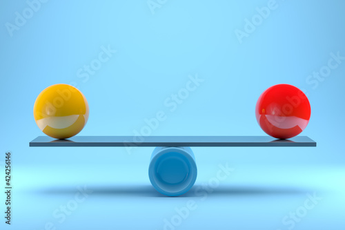 Scales with large balls of red and yellow on a blue background. 3d rendering
