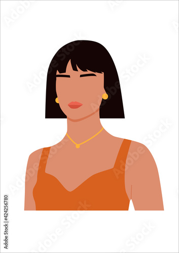 Abstract portrait of woman in orange top. Summer look of female. Faceless beach character. Minimalist vector illustration isolated on white background