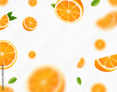 Orange fruits falling on transparent background. Blurred orange slices and green leaves for advertising. Vector realistic
