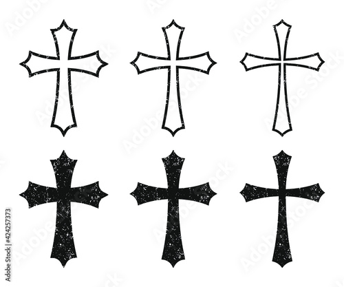 Cross vector shape symbol with grunge texture set. Christianity sign collection. Christian religion icon. Catholic and protestant faith logo or image. Teutonic crusader label. Gothic crusade crucifix.