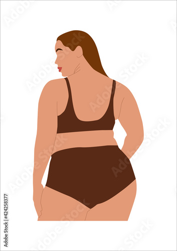 Abstract portrait of plus size woman in underwear rear view. Curvy faceless female. Minimalist vector illustration isolated on a white background