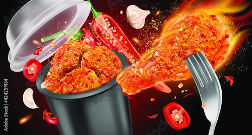 Spicy fried chicken with red chili splashing on solid color background, Vector realistic in 3D illustration.