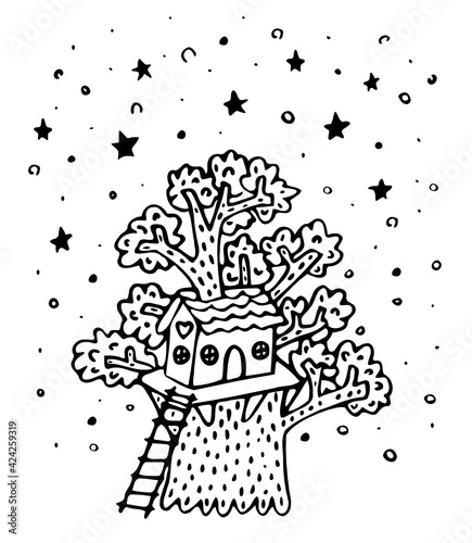 Fairytale woodland little treehouse. Cartoon doodle. Forest house with round windows, ladder, tiled roof. Illustration of thick tree trunk. Starry sky. Black line art. Sweet home for design kids cards