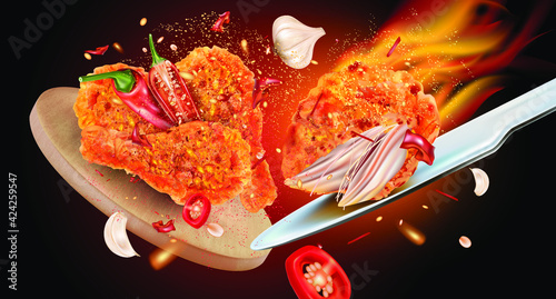 Spicy fried chicken with red chili splashing on solid color background, Vector realistic in 3D illustration.