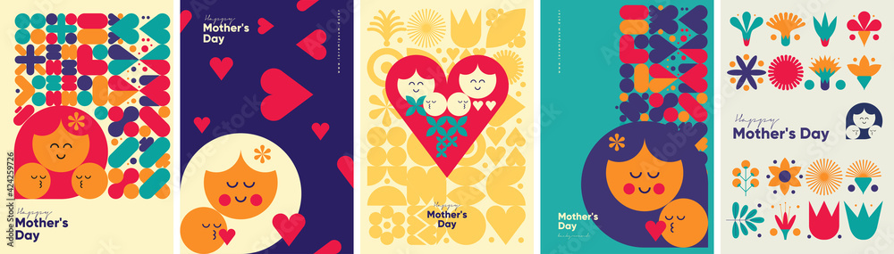 Mother's day. Set of vector illustrations. Abstract backgrounds, patterns, mother's day cards. Cover, poster, wallpaper. Minimalistic retro postcards. - obrazy, fototapety, plakaty 
