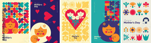 Mother's day. Set of vector illustrations. Abstract backgrounds, patterns, mother's day cards. Cover, poster, wallpaper. Minimalistic retro postcards.