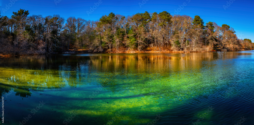 Panoramic Tranquil Picture Lake Landscape in Spring on Cape Cod. Clear Turquoise Colored Water with View of the Clean Sand Bottoms in the Pine Forest.