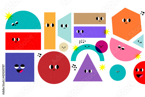 Set of Various bright basic Geometric Figures with face emotions.  Hand drawn trendy Vector illustration for kids. Cute funny characters.