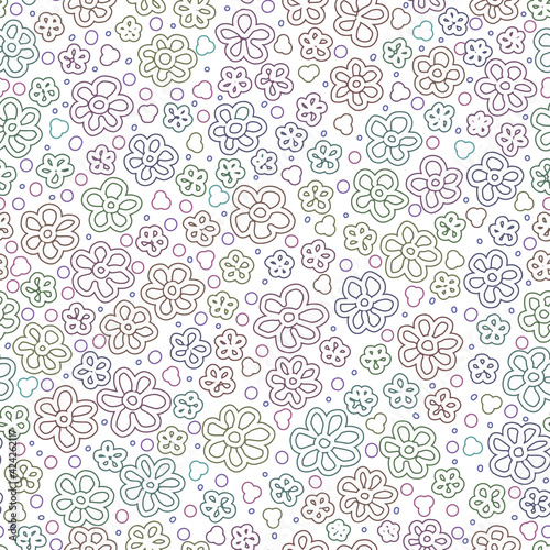 seamless repeat, ditsy floral pattern with abstract flowers in rainbow colours on a white background, perfect for fabric, textiles, wallpaper. Isolated vector illustration