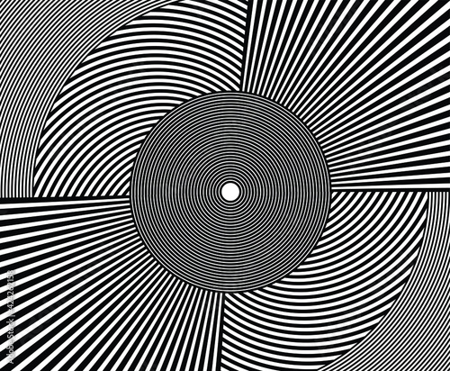  Abstract rotated white lines in circle form on black background. Geometric art. Design element. Digital image with a psychedelic stripes. Vector illustration 