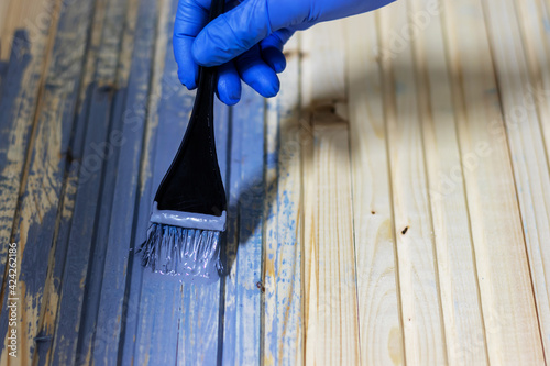Fotografi Woman's hand with blue glove painting a wooden background with blue paint