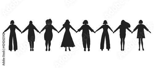 Women are holding hands. Black silhouettes of women. International Women's Day concept. Women's community. Female solidarity. Women silhouettes of different races. Vector illustration