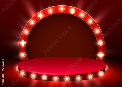 Abstract round podium illuminated with spotlight. Award ceremony concept. Stage backdrop.