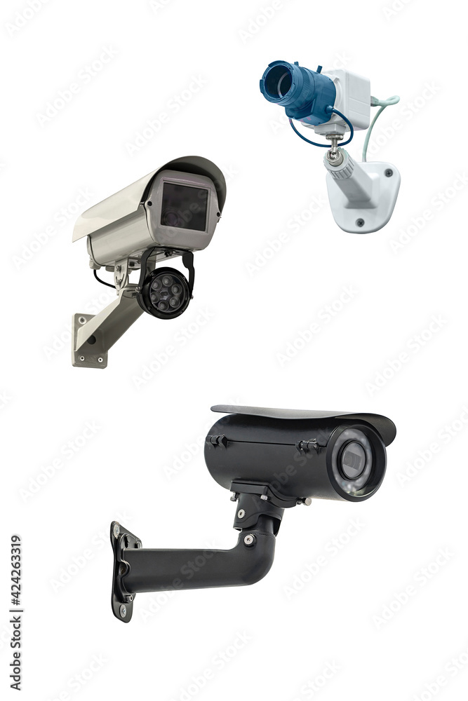 three modern video cameras to track the situation at the object on a white background