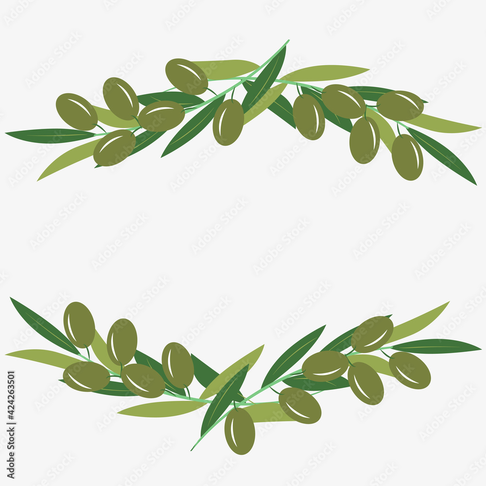 Olive tree branches with green olives, frame, border, place for text. Vector illustration in trendy green colors for design, farmers market decoration, food labels, banners, stickers.