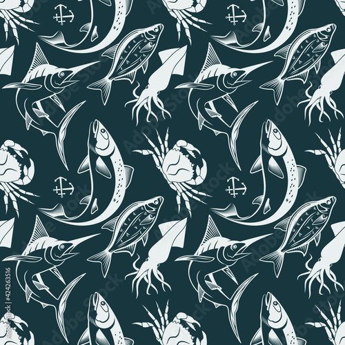 Seamless pattern with marlin fish, salmon fish, squid and king crab 