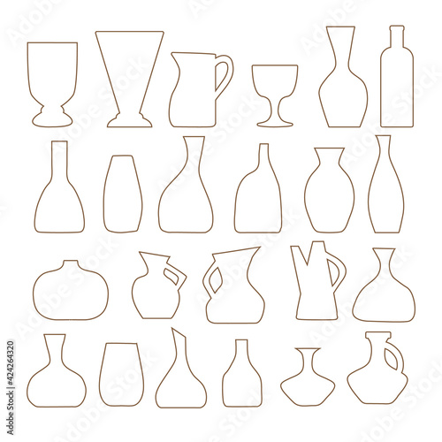 A set of vases of various shapes. Linear contours of pots and bottles in ceramic  glass and concrete. Boho design elements for and creating posters. Vector illustrations