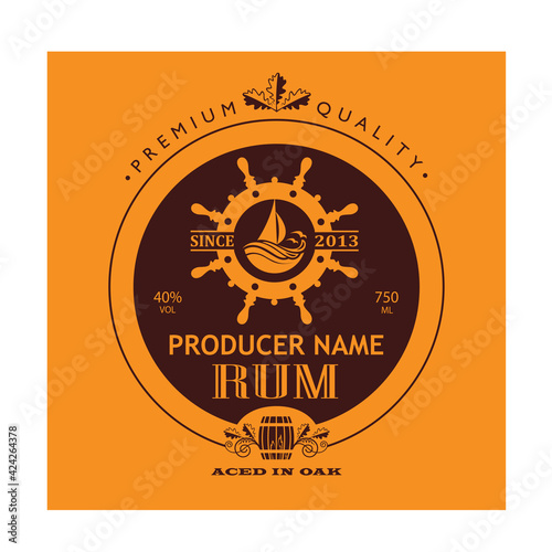 template rum label with yacht and helm in retro style