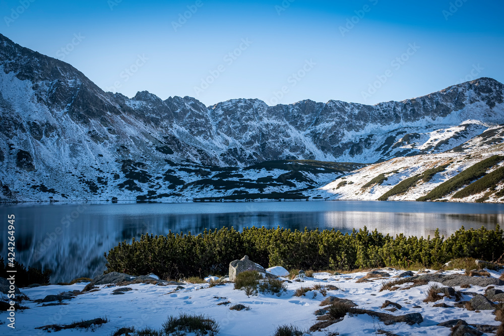 Sunny day in Tatra Mountain valley, Poland. Fresh snow, small dwarf mountain pines and a lake which is starting to freeze. Selective focus on the ridge, blurred background.