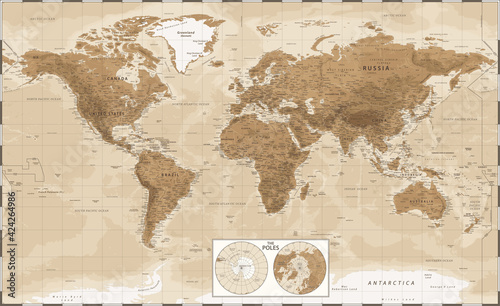 World Map and Poles - Vintage Physical Topographic - Vector Detailed Illustration