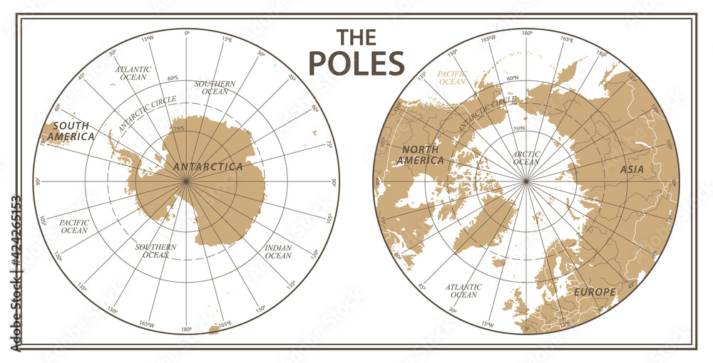 Obraz premium The Poles - North Pole and South Pole - Vector Detailed Illustration. Golden and White