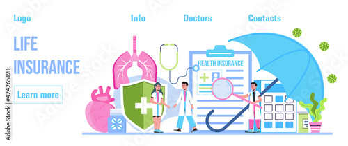Medical, healthcare insurance vector concept, people with doctor fill health online form insurance. Help agent service for calculate insurance bill. it can used for header, ui, web