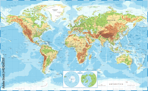 World Map and Poles - Physical Topographic - Vector Detailed Illustration