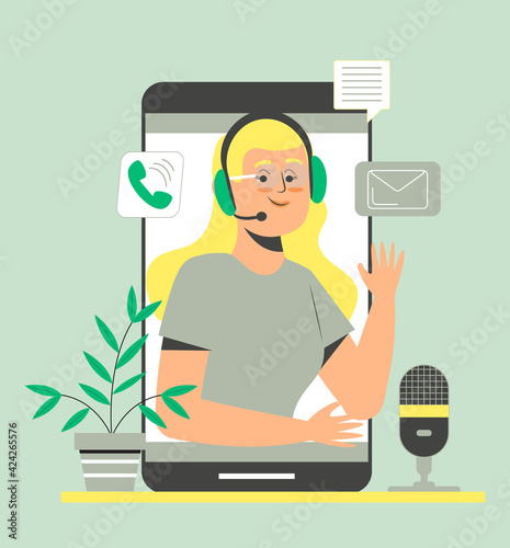 Customer service, operator with headset. Technical support or call center concept vector. Hotline in company illustration. 24 on 7 manager working. Distant tutorial, video blogger conducting