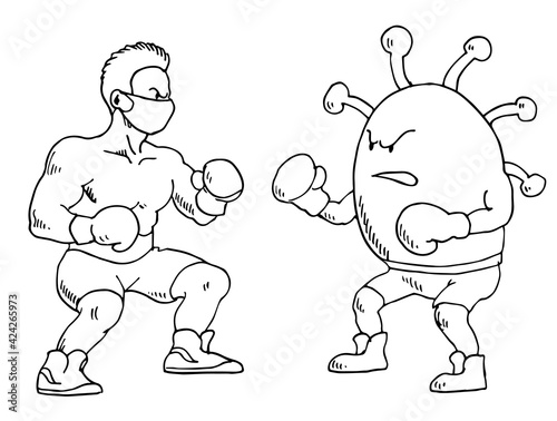 Human fight against the covid-19 virus. Cartoon male boxer fighting against coronavirus wearing boxing gloves. A medical mask on the face. Vector illustration. Black and white outline sketch photo
