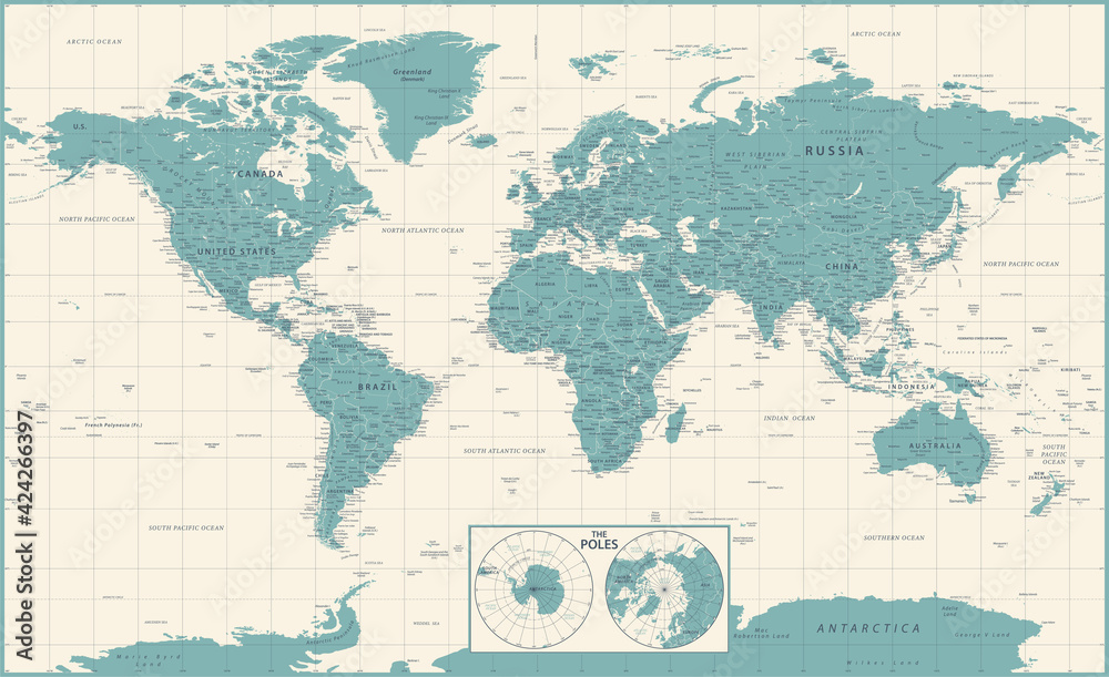 World Map Vintage Political and Poles - Vector Detailed Illustration - Layers