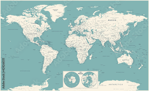 World Map Vintage Political and Poles - Vector Detailed Illustration - Layers