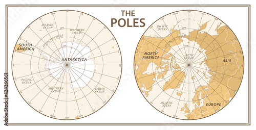 The Poles - North Pole and South Pole - Vector Detailed Illustration. Golden and White