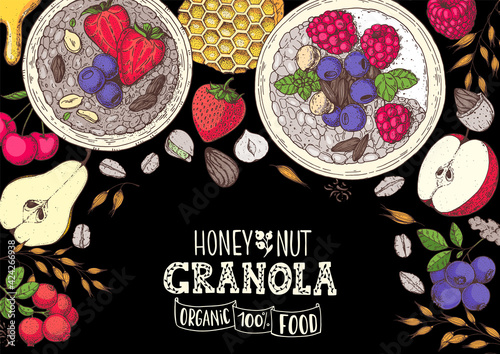 Granola illustration. Oat flakes , berries, fruits and nuts. Breakfast top view frame. Morning food menu design. Hand drawn vector illustration.