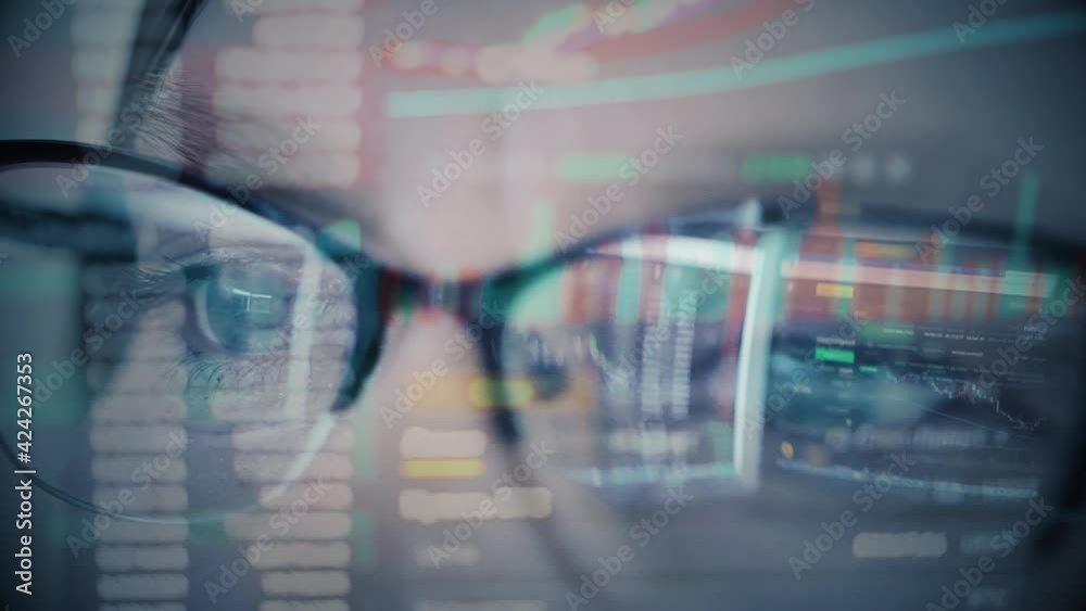 Woman With Holographic Augmented Reality Glasses Analyzing Online Trading Stock Market. Futuristic Innovation Business technology Meeting Brainstorm.