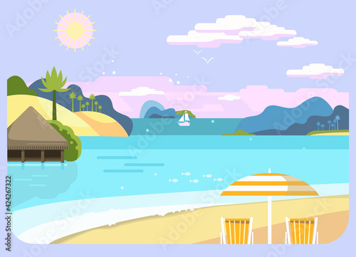 Seascape with sun loungers.