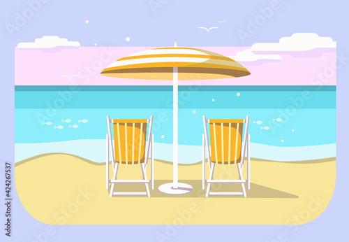 Two sun loungers with an umbrella on the beach.