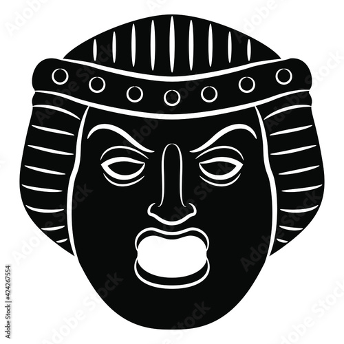 Ancient Greek Hellenistic theatre mask from Turkey. Black and white silhouette. Human angry face with open mouth.