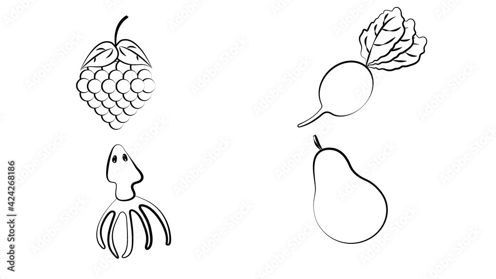 Fototapeta premium Fruit and Vegetables icon set. Vegan natural bio pictograms. Artichoke, asparagus, wheat, bananas, grapes, leeks, garlic, ginger. Cereals, diet
