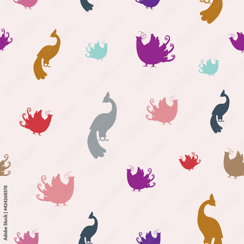 Pattern with colorful silhouette of fantasy birds. Endless texture on rose background. Pattern with colorful silhouette of fantasy birds. Endless texture on rose background.